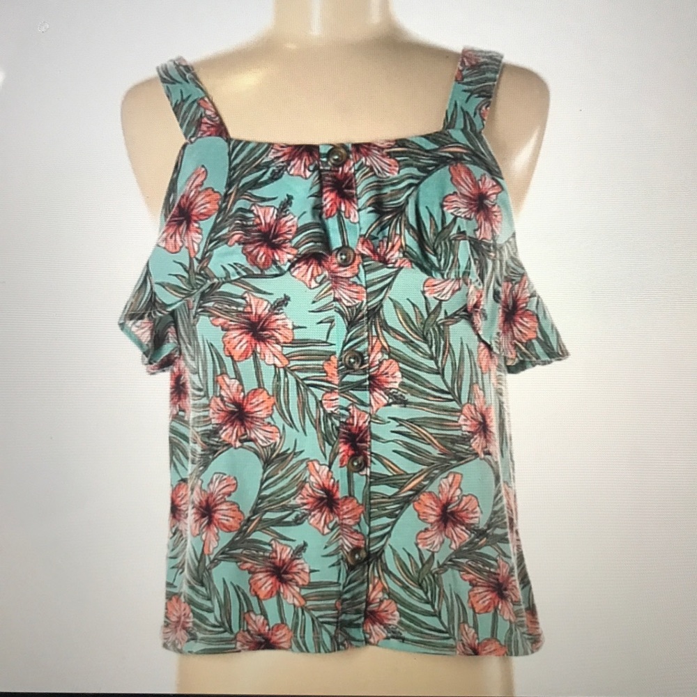 WALLFLOWER Top Ruffle Overlay Tropical Empire Style Sleeveless Size Medium
